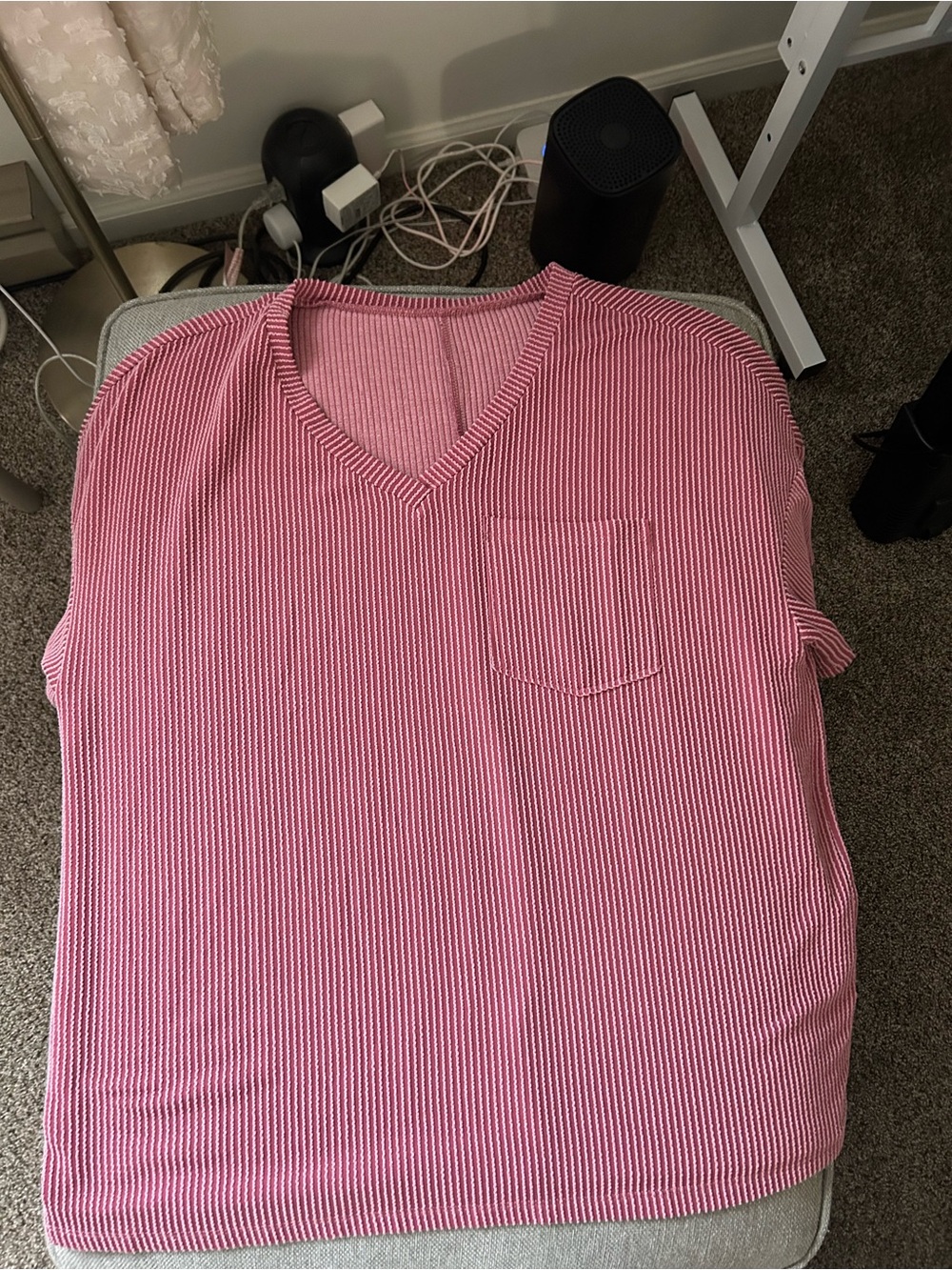 Pink V-Neck Short Sleeve Top with Pocket